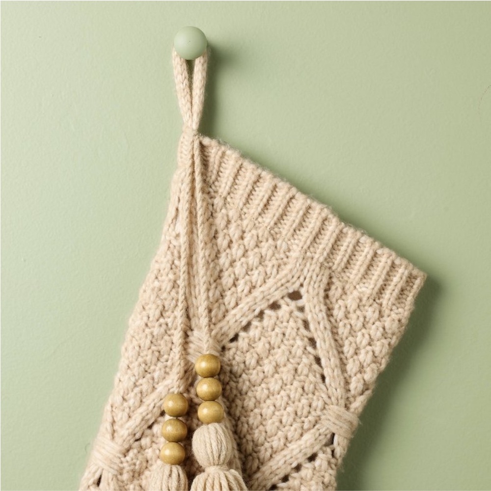 Sweater Knit Christmas Stocking with Beaded Tassel Oatmeal -  Magnolia - Picture 3 of 5